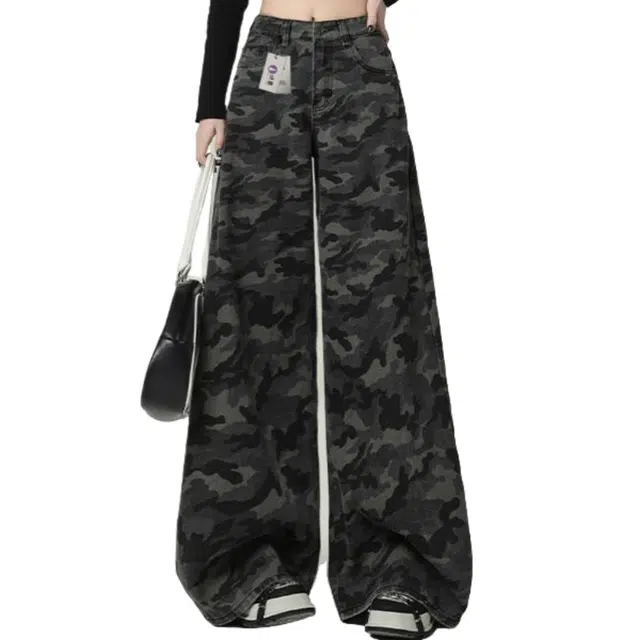 识恩 美式迷彩工装阔腿遮胯显瘦直筒拖地裤子牛仔裤 女款