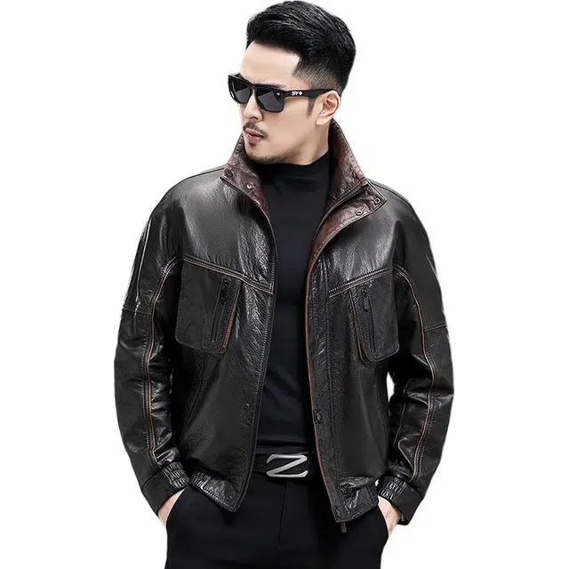 比利斯山羊 时尚大气翻领油蜡牛皮真皮皮衣 男女同款
