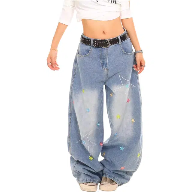 么宁 美式复古星星刺绣宽松阔腿水洗做旧廓形弯刀裤牛仔裤 女款