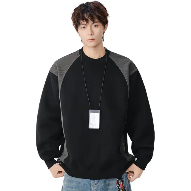 米素力 高级感圆领重磅拼色落肩袖潮套头卫衣 男女同款