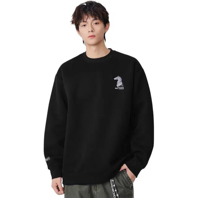 米素力 简约纯色圆领刺绣落肩袖潮套头卫衣 男女同款