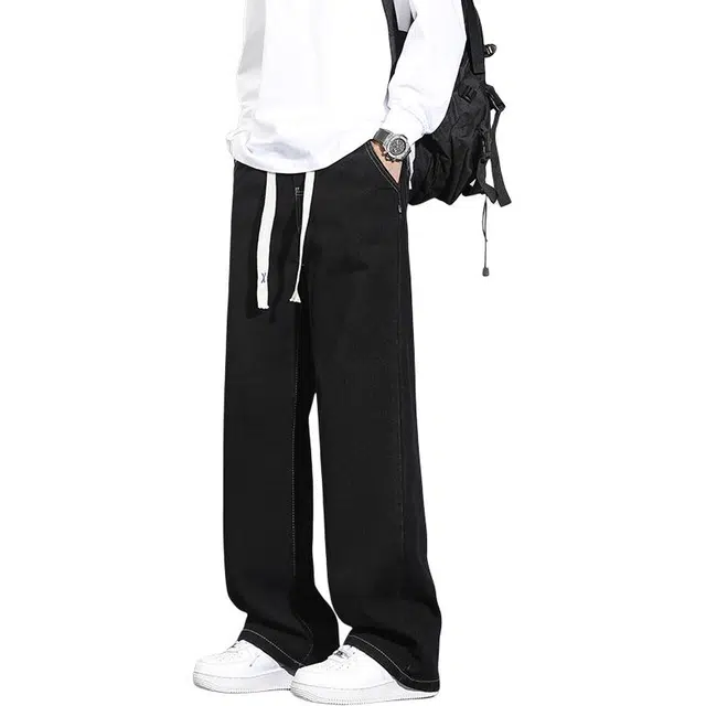 协协乐 高街风美式复古潮牌春秋季宽松直筒阔腿拖地裤百搭青少年痞帅抽绳休闲运动长裤牛仔裤 男款