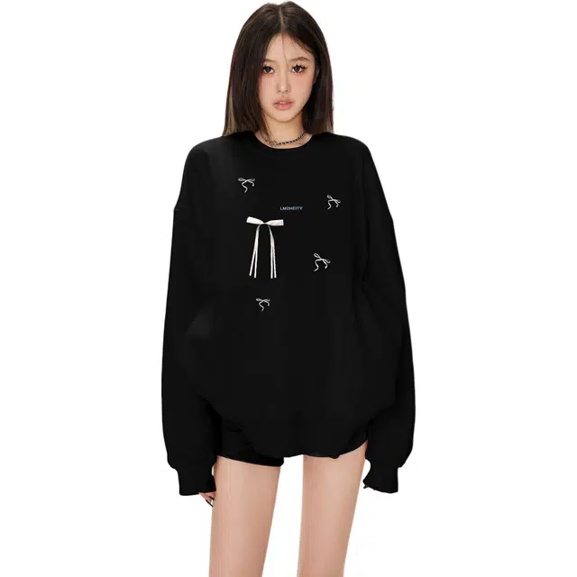 苏九儿 美式无帽正肩宽松蝴蝶结薄款圆领长袖卫衣 女款