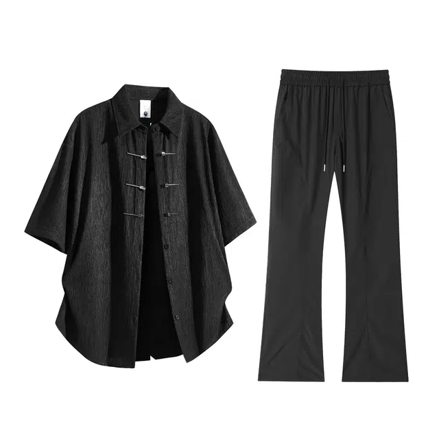 梓润格 手缝飞机扣新中式短袖衬衫高级感唐装衬衣外套搭配肌理感垂感山本裤冰感速干校园风阔腿裤休闲运动套装 男女同款