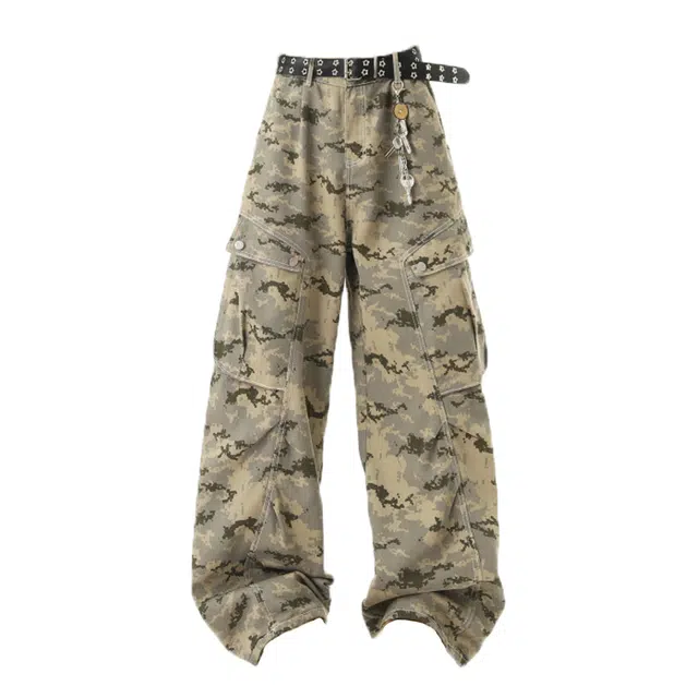 艾梵斯贝 美式复古潮流迷彩工装潮酷设计款无性别日常通勤百搭个性街头高街风潮牌宽松休闲时尚阔腿牛仔裤 男女同款