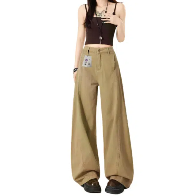 识恩 美式复古卡其色阔腿宽松直筒垂感弯刀裤子牛仔裤 女款