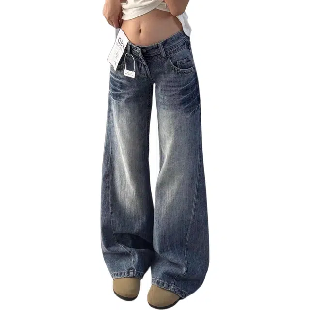 么宁 美式复古水洗阔腿低腰宽松显瘦不贴腿微喇拖地裤牛仔裤 女款