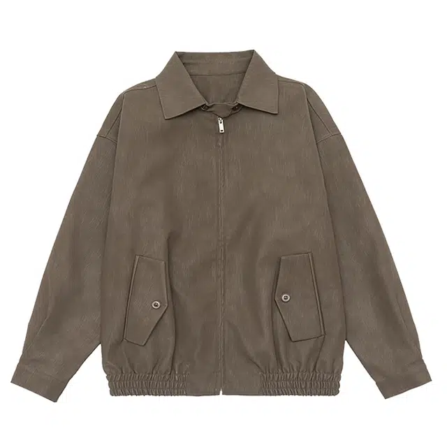 米素力 复古宽松机车服纯色长袖翻领仿皮皮衣夹克 男女同款