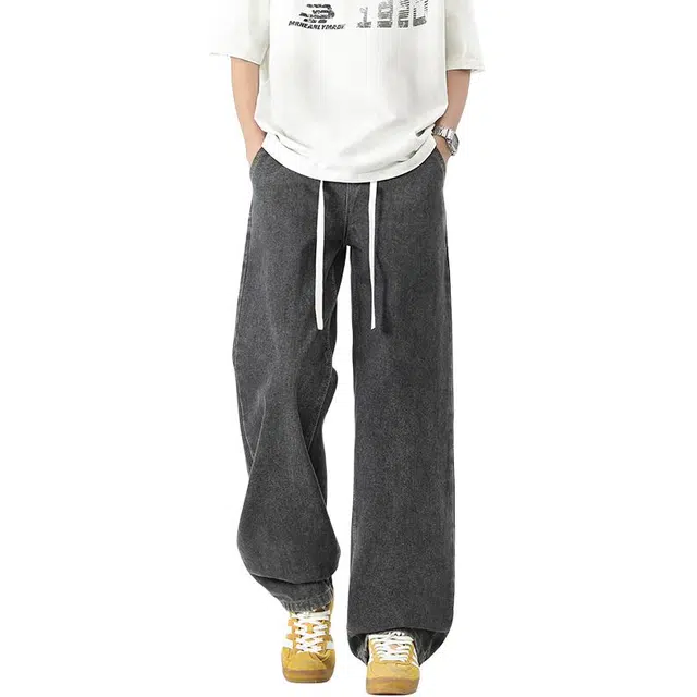 协协乐 简约时尚美式复古做旧水洗春秋季宽松直筒阔腿拖地裤青少年痞帅抽绳百搭运动休闲长裤牛仔裤 男款
