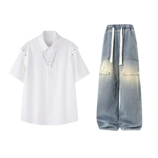 梓润格 美式复古潮流百搭简约宽松设计感氛围感嘻哈风无性别主义时尚高级感轻薄透气垫肩结构短袖衬衫阔腿牛仔裤休闲运动套装 男女同款