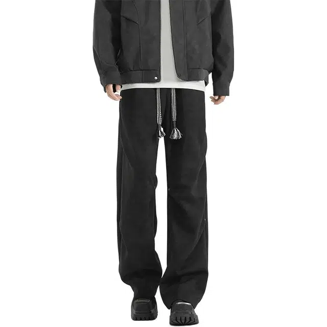 协协乐 脏脏裤潮牌宽松直筒阔腿春秋季拖地裤青少年痞帅美式抽绳百搭运动长裤休闲裤 男款