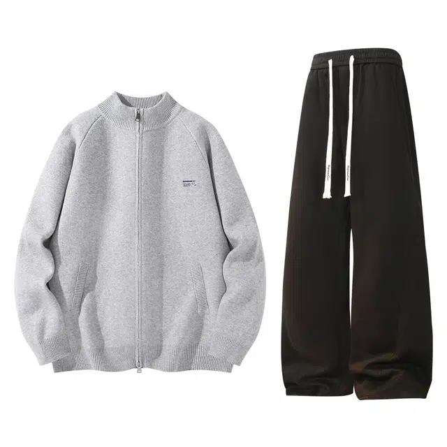 吾皇猫 美式潮牌高级感双拉链立领开衫外套宽松百搭纯色刺绣抽绳带弯刀裤休闲运动套装 男女同款