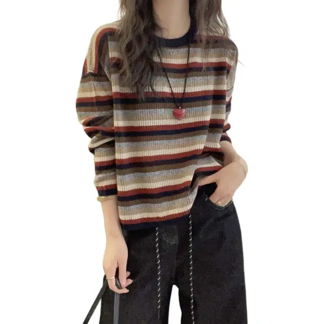 水中花 条纹套头秋冬装洋气韩版宽松圆领百搭上衣针织衫 女款