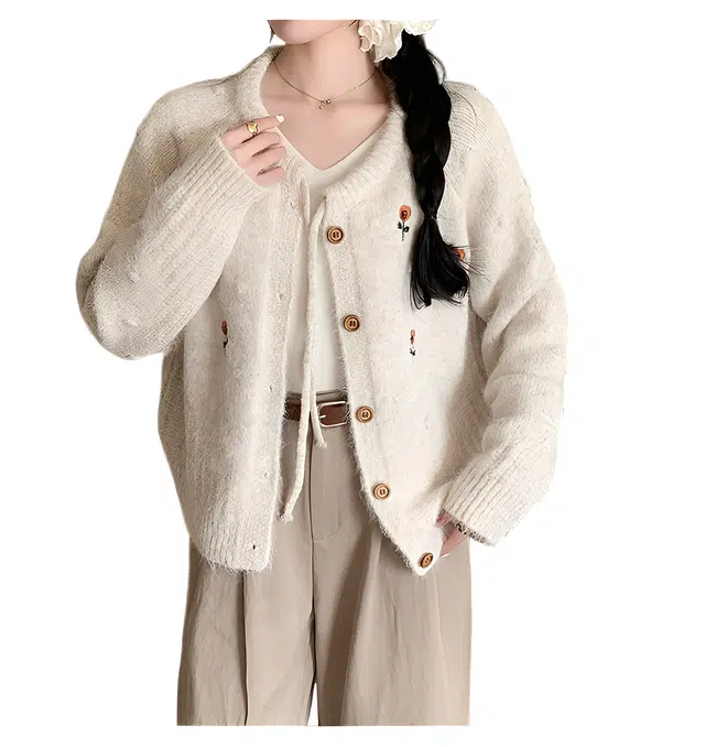 荟萃阁 设计感刺绣立体花朵开衫系带套头外套针织衫 女款