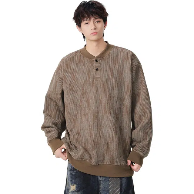 米素力 复古亨利领长袖落肩袖潮套头卫衣 男女同款