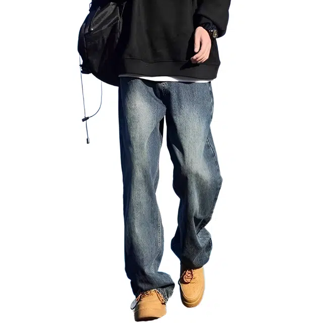 大格子与黑猫 复古直筒水洗男士春秋季美式高街宽松休闲裤子潮牌长裤牛仔裤 男款