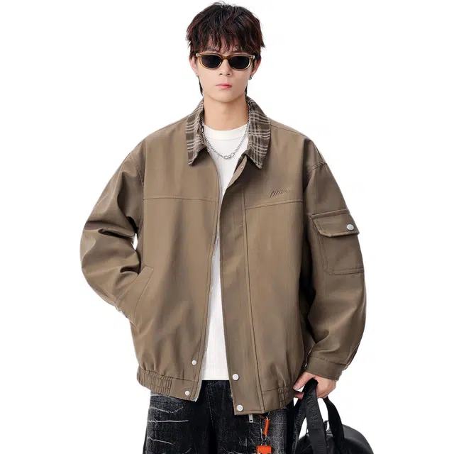 米素力 拼色翻领外套纯色落肩袖宽松型潮夹克 男款