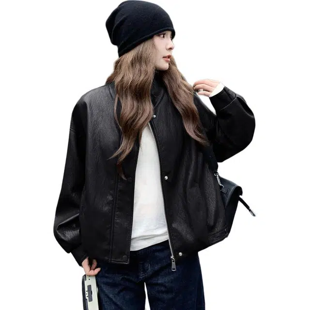 稻草人 复古时髦立领酷飒风蝙蝠袖夹克皮衣 女款