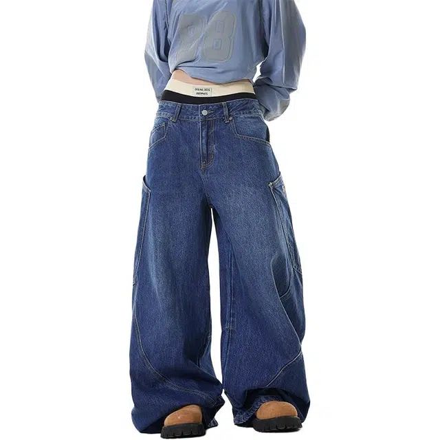 木清清 美式 复古 设计感 大口袋 弯刀 男女 秋季 宽松 阔腿 刺绣 拖地裤牛仔裤 女款