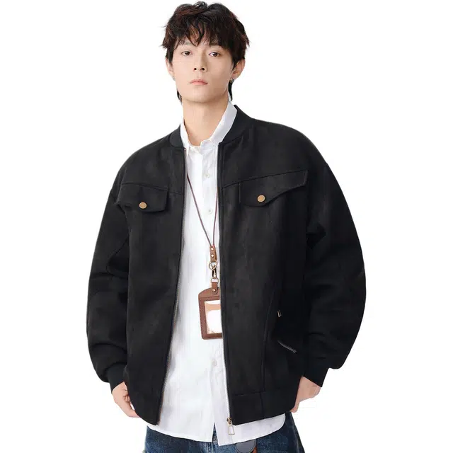 米素力 麂皮绒工装秋季纯色落肩袖宽松型复古风夹克 男女同款