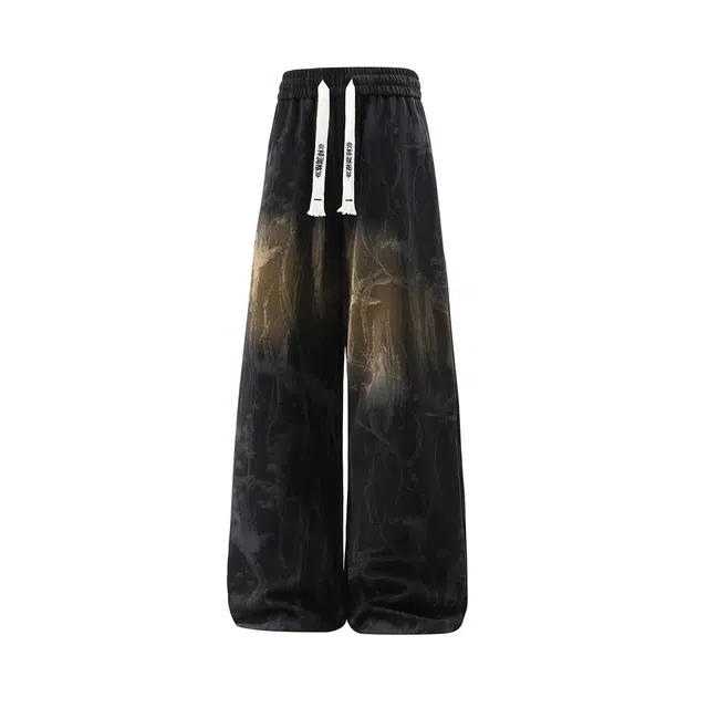 梓润格 美式复古酷飒炸街简约高级时尚潮流氛围百搭学院风户外运动青春中国风高街个性舒适水墨扎染直筒裤设计感宽松卫裤休闲裤 男女同款