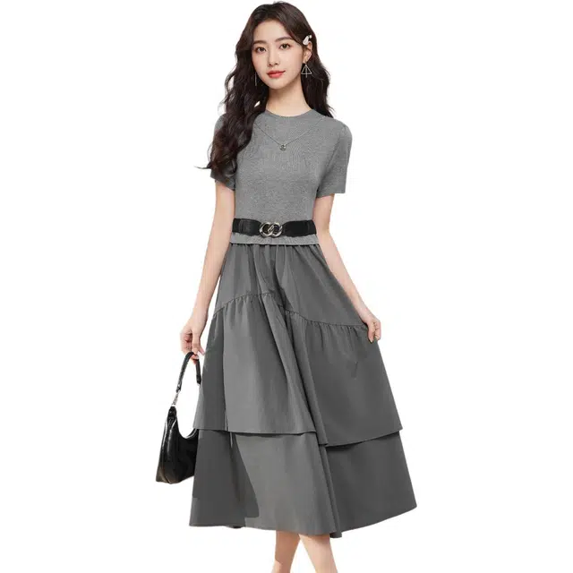 爱依服 拼接设计成熟气质收腰修身型通勤短袖连衣裙 女款