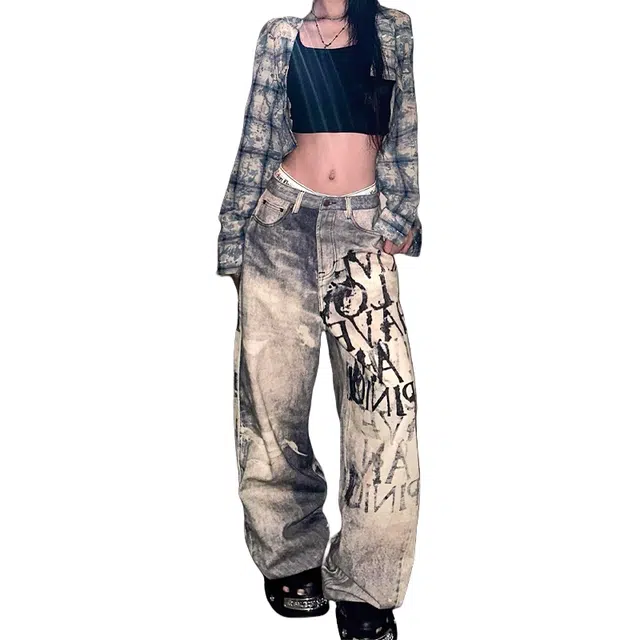 识恩 适中时尚宽松阔腿高腰牛仔裤 女款