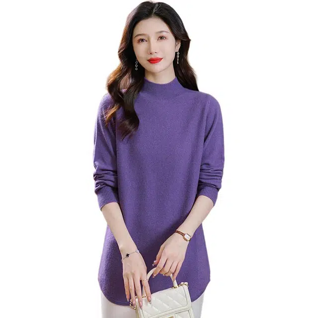 袋鼠 简约时尚百搭宽松半高领纯色质感长袖中长款打底针织衫 女款