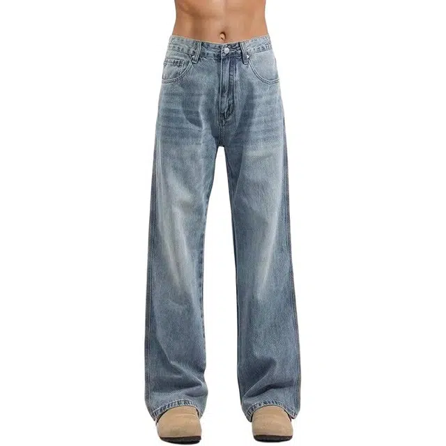 大格子与黑猫 水洗复古男士宽松高街美式裤子直筒潮牌休闲长裤牛仔裤 男款