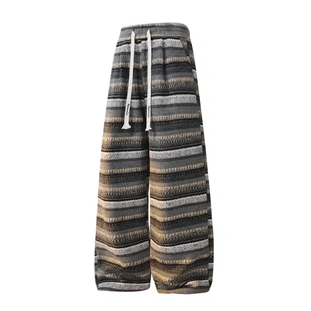 吾皇猫 潮牌复古美拉德毛呢条纹撞色设计时尚痞帅宽松百搭直筒舒适垂感拖地休闲裤 男女同款