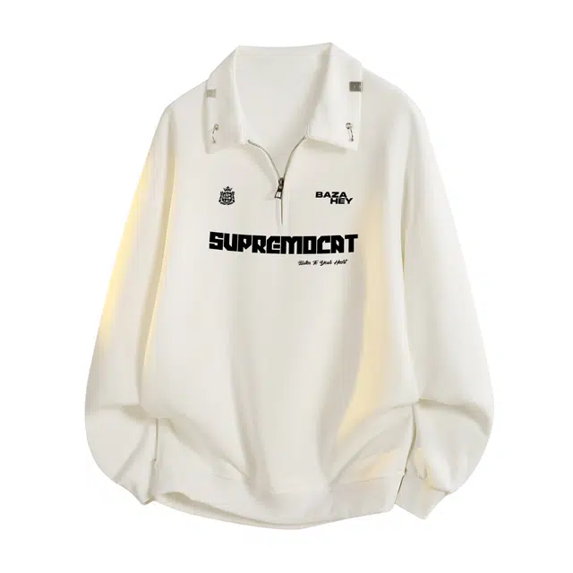 吾皇猫 美式复古高街潮牌纯色高级感金属装饰半拉链设计重磅宽松大码百搭时尚休闲日常户外长袖卫衣 男女同款