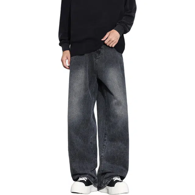 瑞梵帝斯 美式复古做旧潮牌重工青春流行水洗显高显瘦垂坠感微喇日常通勤直筒阔腿高街风百搭休闲裤男生牛仔裤 男款