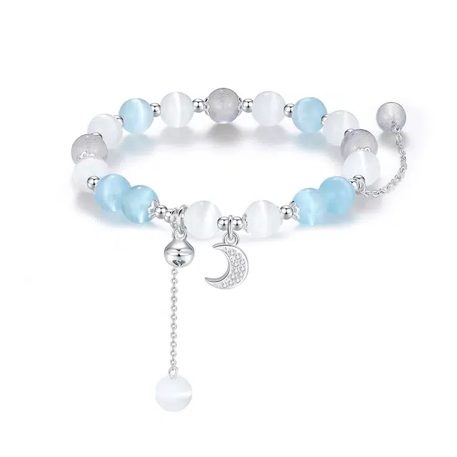 【富得叮月】 七可 月光恋人梦幻蓝白 铃铛月牙 少女心白月光串珠心动女友 琉璃 手串 女款