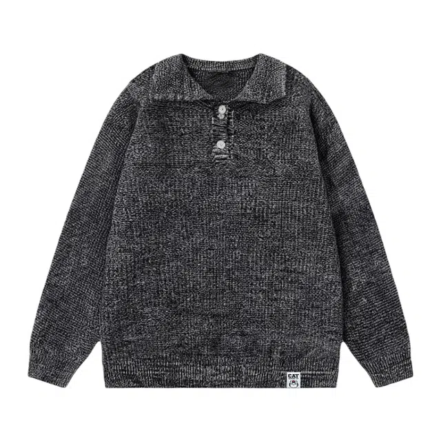 吾皇猫 学院风美式复古翻领套头长袖上衣慵懒风时尚贴布舒适透气春秋款简约百搭冬季休闲针织衫 男女同款