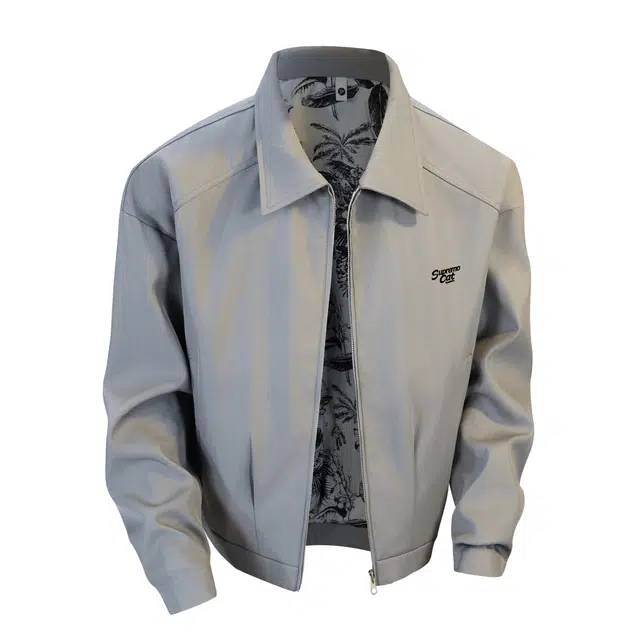 吾皇猫 美式复古高街潮牌内里水墨花设计宽松百搭飞行员教练休闲翻领拉链舒适日常通勤外套夹克 男女同款