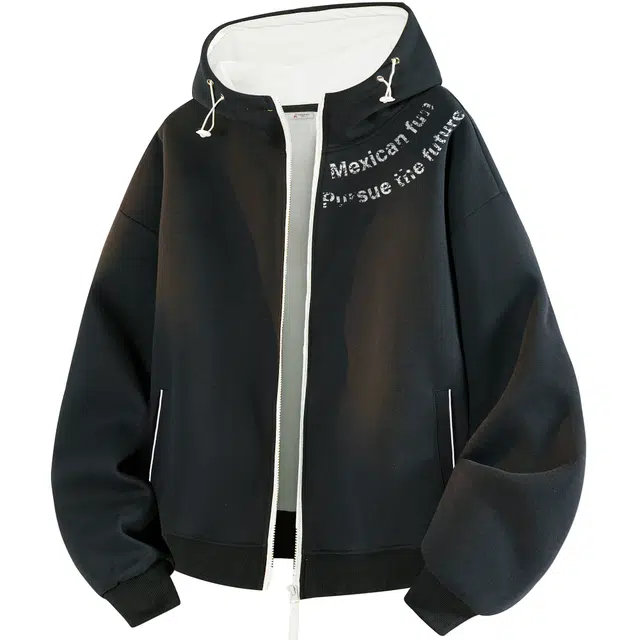 稻草人 美式简约撞色拼接松紧连帽慵懒风拉链开衫宽松休闲舒适运动高级感时尚百搭长袖落肩上衣外套秋季潮牌情侣卫衣 男女同款