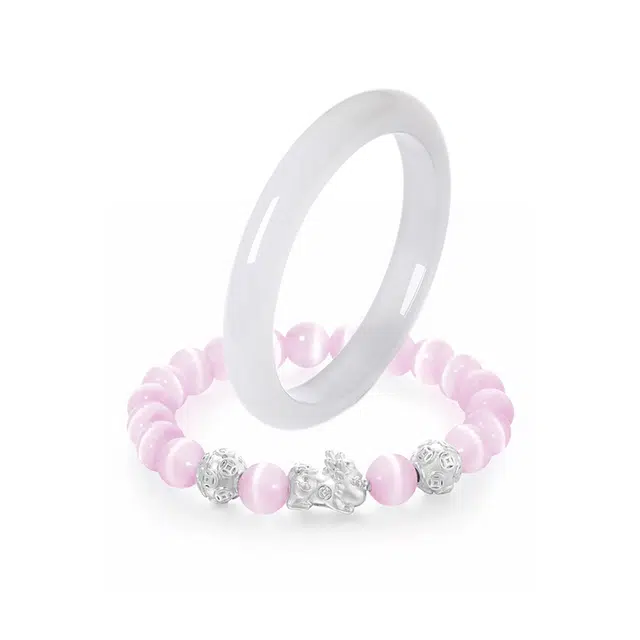 【精选高品质】可爱貔貅宝宝白月光叠戴套装 一步一响古风招财纳福平安镯恋爱告白日常通勤 岁月静好 #好运 玻璃猫眼 手镯 男女同款情侣款