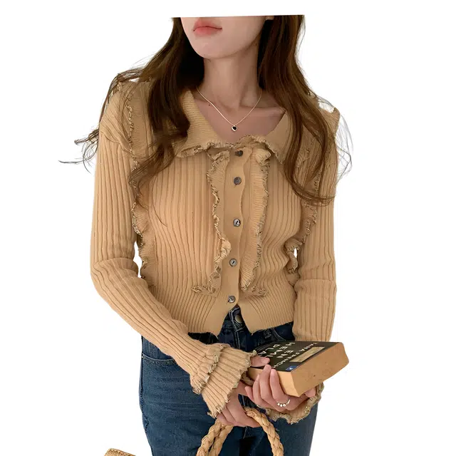 荟萃阁 设计感百搭木耳边翻领长袖修身气质上衣针织衫 女款