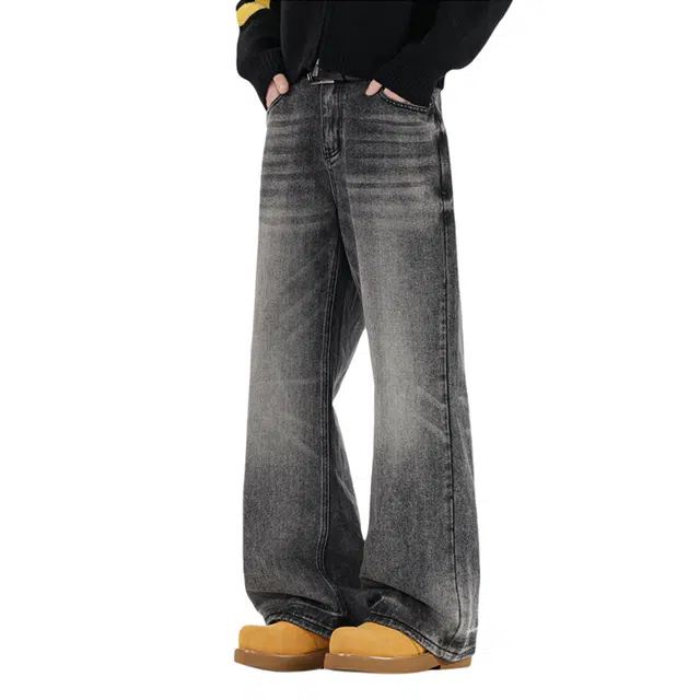 快鱼 美式复古高街重水洗做旧猫须纹阔腿弯刀高级感中腰显高显瘦潮流时尚通勤百搭休闲垂感柔软透气直筒牛仔裤 男女同款