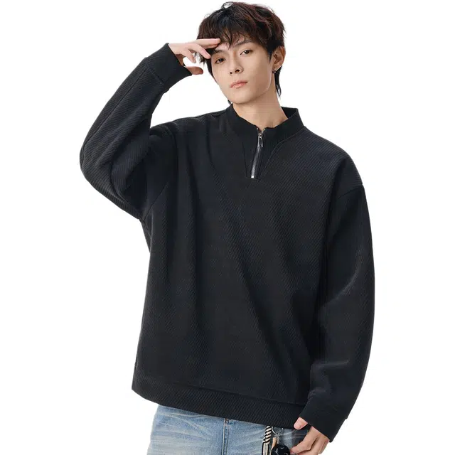 米素力 半拉链立领秋季粗条纹落肩袖潮套头卫衣 男女同款