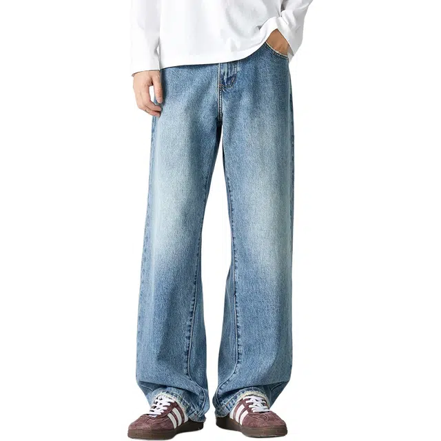 米素力 石磨水洗阔腿高端渐变宽松潮流中腰牛仔裤 男女同款