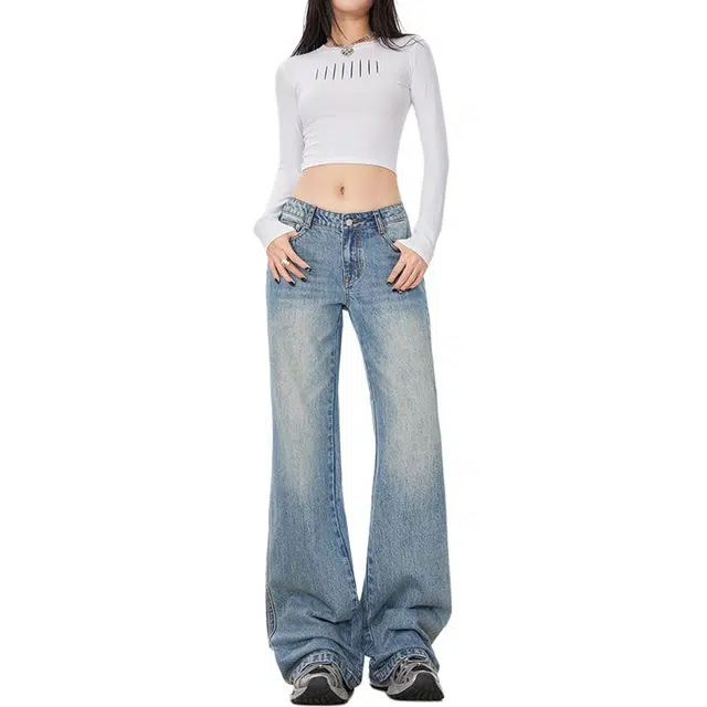 如续 复古拼接口袋设计做旧磨白全棉肌理中低腰微叭裤牛仔裤 女款