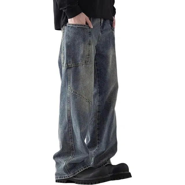 大格子与黑猫 裤子男潮流工装水洗男春秋款宽松直筒阔腿高街美式复古长裤牛仔裤 男款