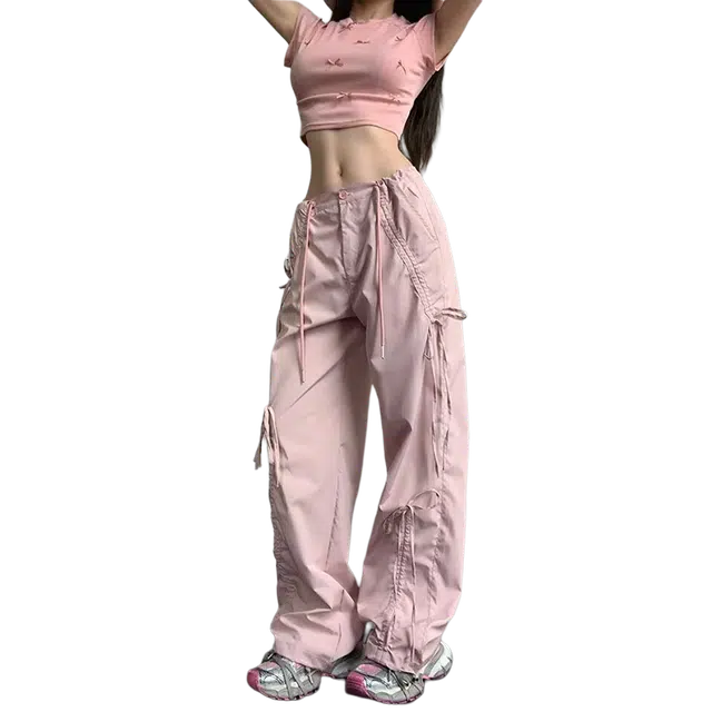 欧迪芬 甜酷辣妹潮流时尚爵士街舞美式设计感系绳蝴蝶结百搭显瘦宽松高腰阔腿裤工装裤 女款