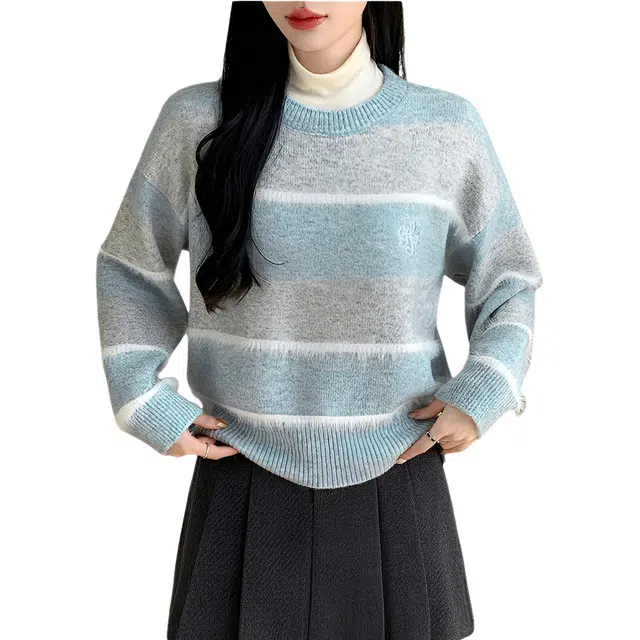 荟萃阁 法式复古圆领彩色条纹高级感针织衫 女款