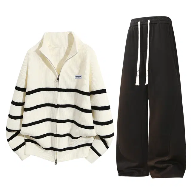 吾皇猫 美式慵懒条纹撞色立领双拉链开衫外套时尚宽松百搭纯色直筒阔腿裤舒适一整套穿搭休闲运动套装 男女同款