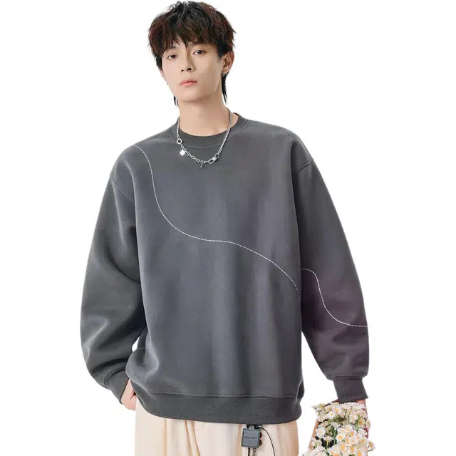 米素力 轻奢高级感圆领细条纹落肩袖潮套头卫衣 男女同款