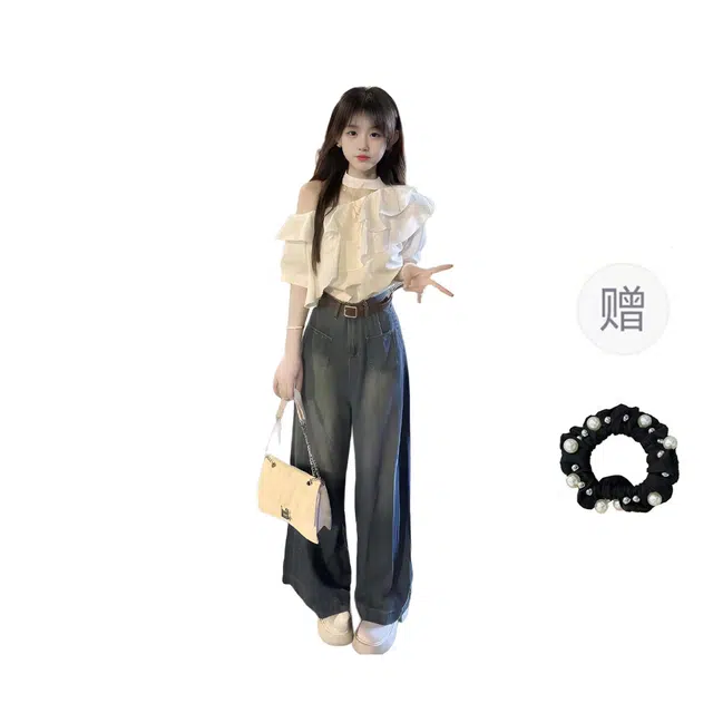 雾闪闪 温柔风搭配一整套荷叶边短袖露肩衬衣高腰牛仔阔腿裤两件套休闲套装 女款