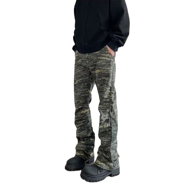 一碗士多 迷彩褶皱感做旧直筒微喇潮流百搭日常不贴腿显高显瘦多抽褶设计感拖地痞帅高级感时尚炸街牛仔裤 男女同款