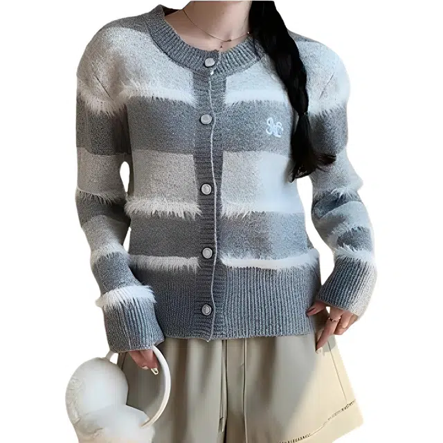 荟萃阁 小香风法式复古开衫外套条纹毛绒高级感针织衫 女款